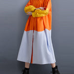 Loose Puff Sleeves Contrast Color Pleated Split-Joint Lapel Midi Dresses Shirt Dress