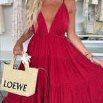 Bohemian Style V-neck Backless Slip Layered Vacation Maxi Dress