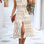 Sleeveless Buttoned Printed Tied Waist Lapel Collar Midi Dresses