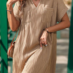 Loose Short Sleeves Pleated Solid Color Split-Joint V-Neck Mini Dresses