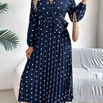 A-Line High Waisted Elasticity Pleated Polka-Dot Split-Joint Tied Waist V-Neck Midi Dresses Shirt Dress