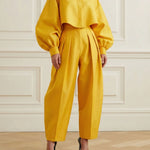 High-Low Loose Pleated Pockets Solid Color Pants Trousers
