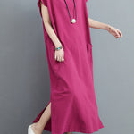 Simple Ramie Cotton Solid Color Split-Side With Pocket V-Neck Short Sleeves Maxi Dress