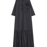 Long Sleeves Loose Solid Color Split-Joint Three-Dimensional Flower Mock Neck Maxi Dresses