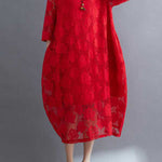 Half Sleeves Loose Hollow Solid Color Round-Neck Midi Dresses