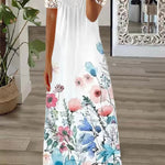Boho Floral V Neck Button Lace Sleeve Holiday Beach Maxi Dress