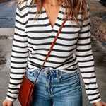 Stripe Casual Collared V Neck Lightweight Knit Sweater