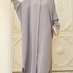 Batwing Sleeves Loose Buttoned Muslim Solid Color Split-Side Round-Neck Maxi Dresses