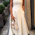 Halter Square Neck Side Button Fringe Flare Maxi Dress