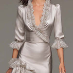 Ruffled Satin Asymmetrical Hem Midi Dress