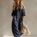 Elegant Urban-style Navy Blue Cotton And Linen Maxi Dress