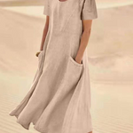 JFN Cotton & Linen Solid Color Loose Casual Pocket Dress