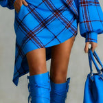 Long Sleeves Puff Sleeves Asymmetric Contrast Color Plaid Pleated One-Shoulder Mini Dresses