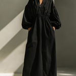 Women's Casual Black Cotton And Linen V-neck Loose Long-sleeved Maxi Dress