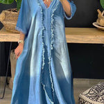 Ursime Denim Raw Trim V Neck 3/4 Sleeve Maxi Dress