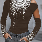 Long Sleeves Skinny Hollow Printed High Neck T-Shirts Tops