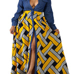 Long Sleeves Loose Buttoned Elasticity Printed Split-Joint Lapel Maxi Dresses