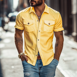 Men's Classic Casual Solid Color Slim Fit Multi-Pocket Polyester Cotton Short Sleeve Shirt