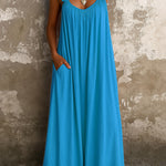 A-Line Loose Pleated Pockets Ruffled Solid Color Split-Joint U-Neck Maxi Dresses