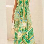 Elegant Off-Shoulder V-Neck Suspender Print Swing Dress