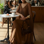 Cape Irregularity Layered Pleated Ruffled See-Through Solid Color Split-Joint High Neck Maxi Dresses