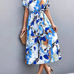 A-Line Loose Hollow Printed Tied Waist Round-Neck Midi Dresses