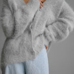 Solid Color Loose V-neck Long-sleeved Lazy Knitted Cardigan