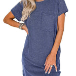 A-Line Loose Contrast Color Pockets Split-Joint Striped Round-Neck Mini Dresses