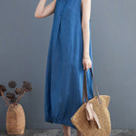 A-Line Loose Buttoned Pleated Solid Color Round-Neck Midi Dresses