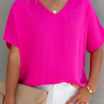 Solid Color V Neck Short Sleeve Blouse
