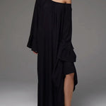 A-Line Flared Sleeves Pleated Solid Color Split-Joint Round-Neck Maxi Dresses