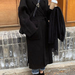 Long Sleeves Loose Pockets Solid Color Tied Waist Notched Collar Cardigan Coats