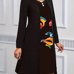 A-Line False Two Buttoned Contrast Color Human Pattern Print Split-Joint Square-Neck Midi Dresses