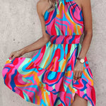 Loose Sleeveless Color-Block Contrast Color Elasticity Split-Joint Halter-Neck Mini Dresses