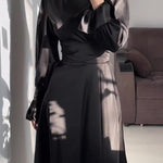 A-Line Long Sleeves Pleated Solid Color Tied Waist Zipper Mock Neck Maxi Dresses