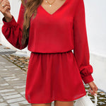A-Line High Waisted Elasticity Pleated Solid Color V-Neck Mini Dresses