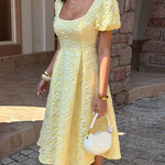 High Waisted Puff Sleeves Jacquard Pleated Solid Color Split-Joint Square-Neck Midi Dresses
