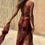 Gypsy Style Unique Print Cowl Neck Back Lace-up Slit Midi Dress
