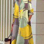 A-Line Long Sleeves Buttoned Pockets Printed Lapel Midi Dresses