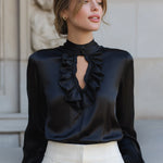 Black Satin Keyhole Ruffle Blouse