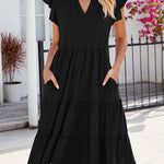 Loose Ruffle Sleeves Pleated Pockets Solid Color Split-Joint V-Neck Midi Dresses