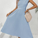 Loose Raglan Sleeve Elasticity Pleated Solid Color Split-Joint Tied Waist Round-Neck Midi Dresses