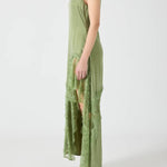 Pretty Soul Satin Lace Trim Wide Neck Irregular Hem Slit Maxi Dress