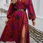 A-Line High Waisted Elasticity Flower Print No Belt Split-Side V-Neck Maxi Dresses
