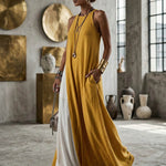 Loose Sleeveless Contrast Color Pockets Split-Joint Spaghetti-Neck Maxi Dresses