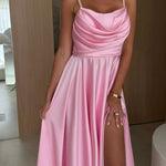 Solid Color Suspender Back Pleated Elegant Slit Full Hem Maxi Dress