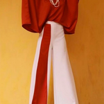 Batwing Sleeves Half Sleeves Solid Color Top + Contrast Color Wide Leg Pants Two Pieces Set
