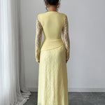 A-Line Irregularity Asymmetric Flower Print Layered See-Through Solid Color Split-Joint Round-Neck Maxi Dresses