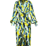 High Waisted Long Sleeves Asymmetric Pleated Printed Split-Joint Deep V-Neck Midi Dresses