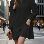 A-Line Long Sleeves Jacquard Pleated Solid Color Split-Joint Round-Neck Mini Dresses